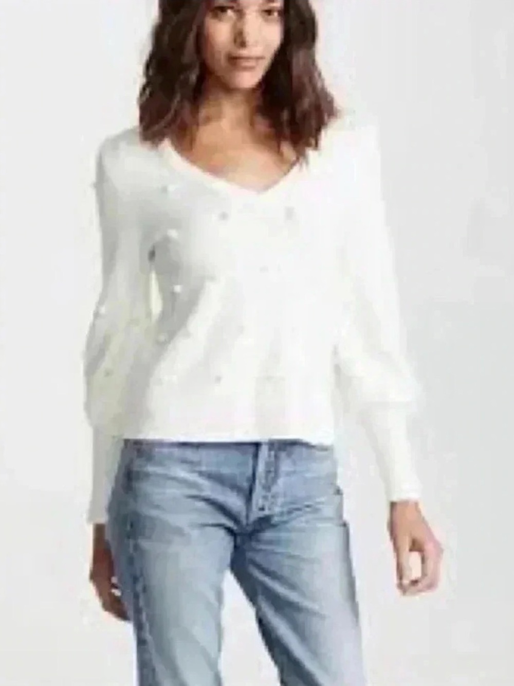 Madewell White V-Neck Sweater with Pom poms